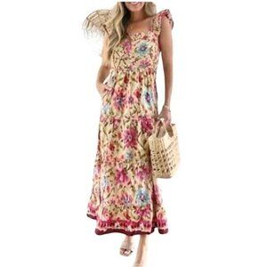 House Of Harlow Floral Cottagecore Maxi Dress S Smocked Ruffled Boho Peasant